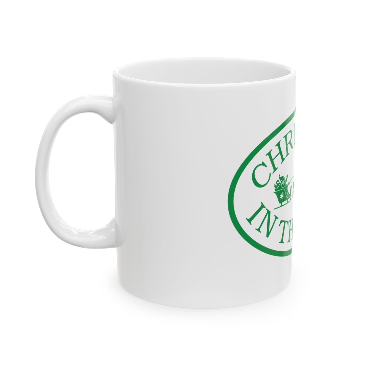 Christmas in the Park Ceramic Mug - Holiday Coffee Cup, Festive Gift, Green Sleigh Design, Winter Decor, Christmas Mug