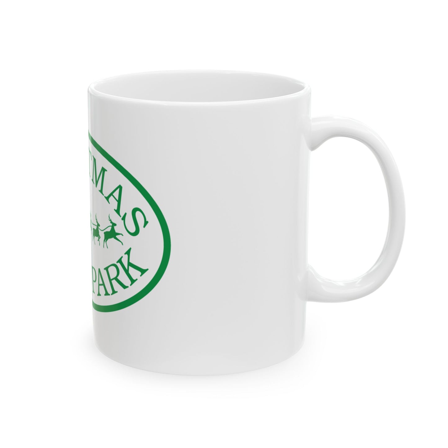 Christmas in the Park Ceramic Mug - Holiday Coffee Cup, Festive Gift, Green Sleigh Design, Winter Decor, Christmas Mug