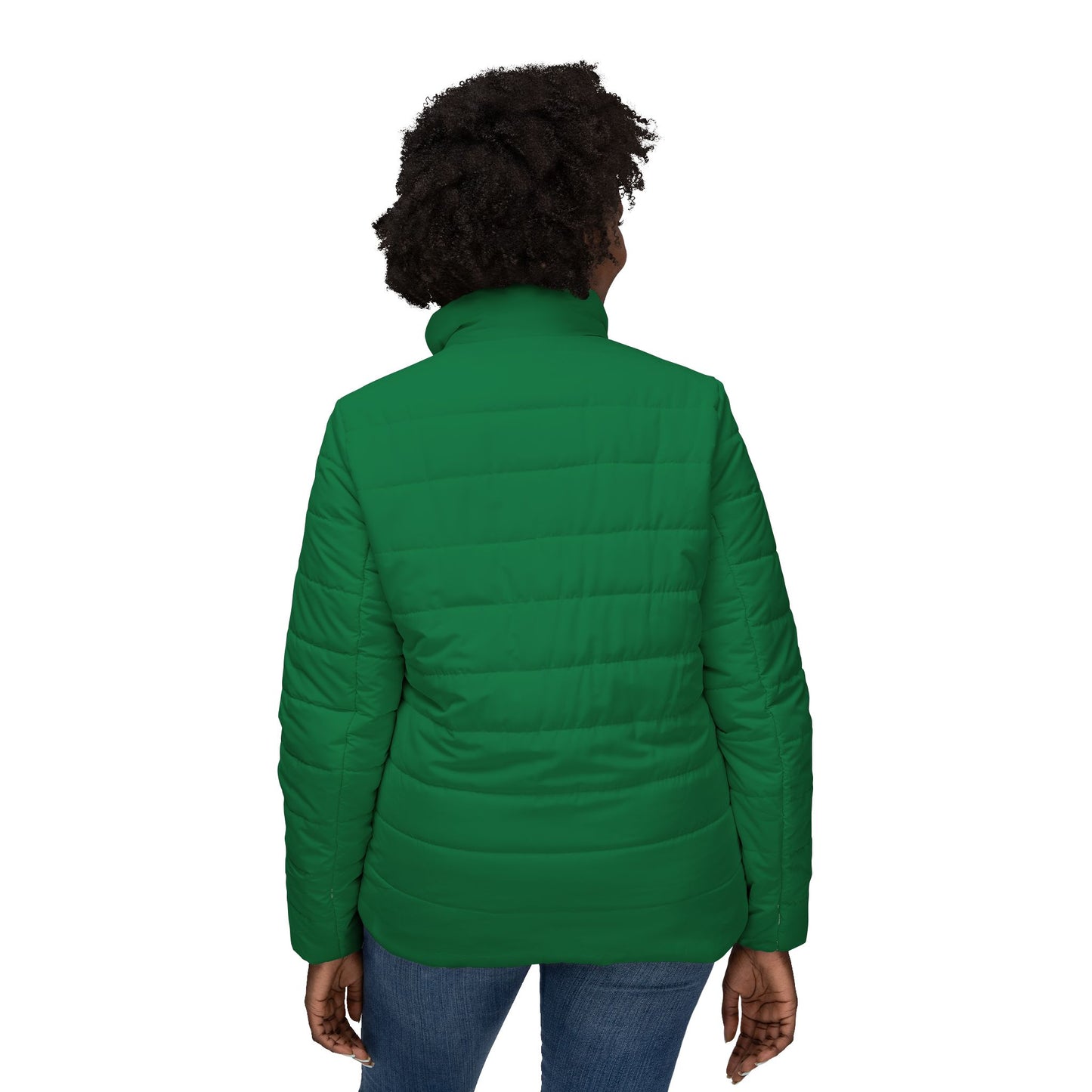 Women’s Red Puffer Jacket — ’Christmas in the Park’ Patch Winter Coat