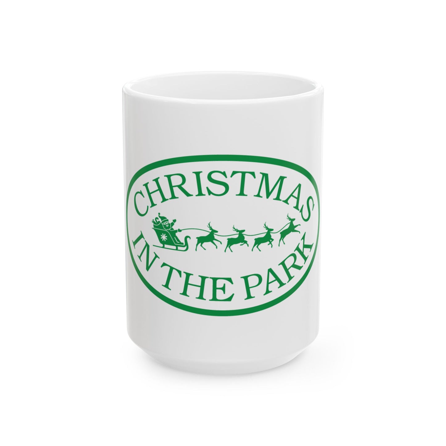 Christmas in the Park Ceramic Mug - Holiday Coffee Cup, Festive Gift, Green Sleigh Design, Winter Decor, Christmas Mug