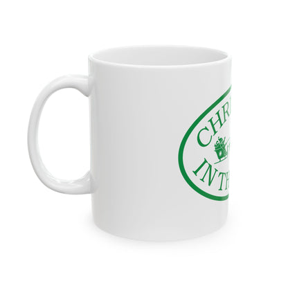 Christmas in the Park Ceramic Mug - Holiday Coffee Cup, Festive Gift, Green Sleigh Design, Winter Decor, Christmas Mug
