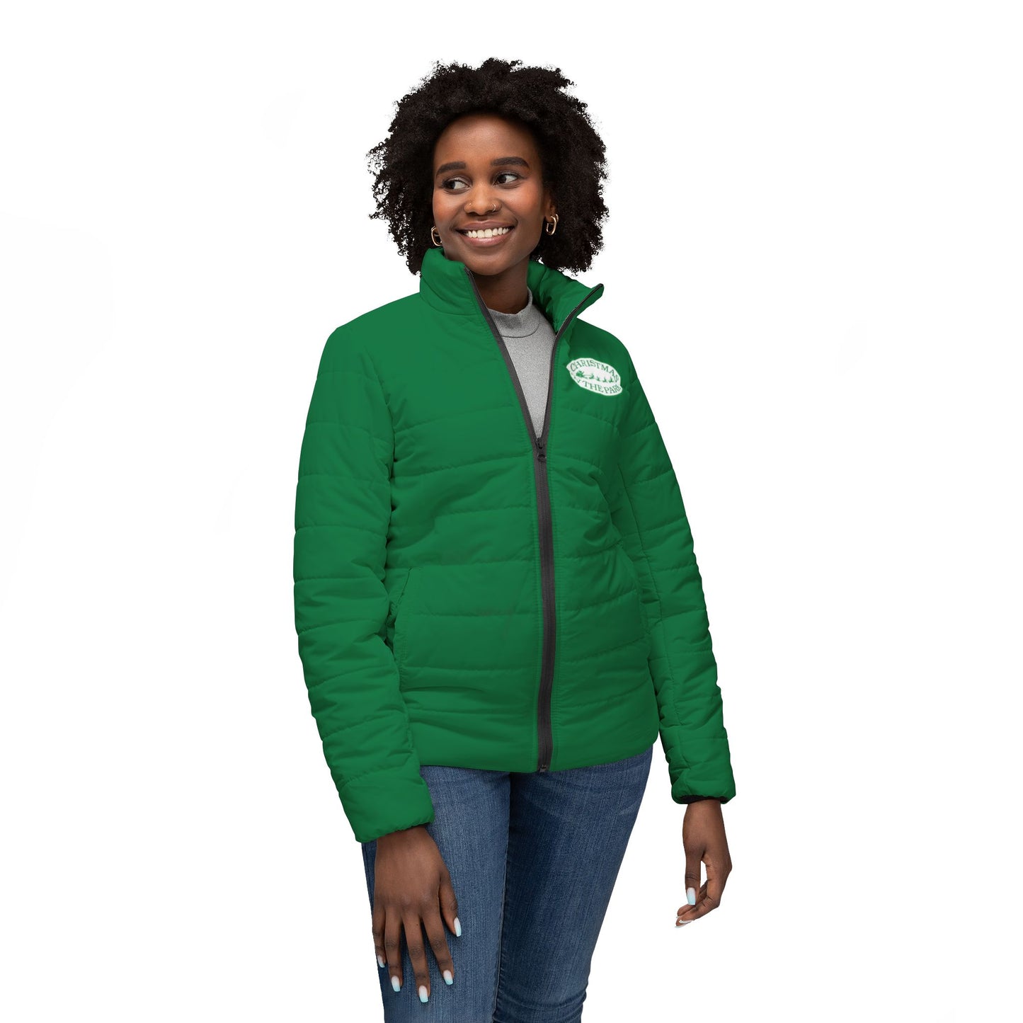 Women’s Red Puffer Jacket — ’Christmas in the Park’ Patch Winter Coat
