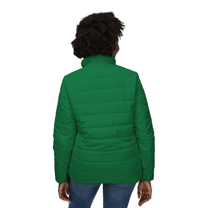 Women’s Red Puffer Jacket — ’Christmas in the Park’ Patch Winter Coat