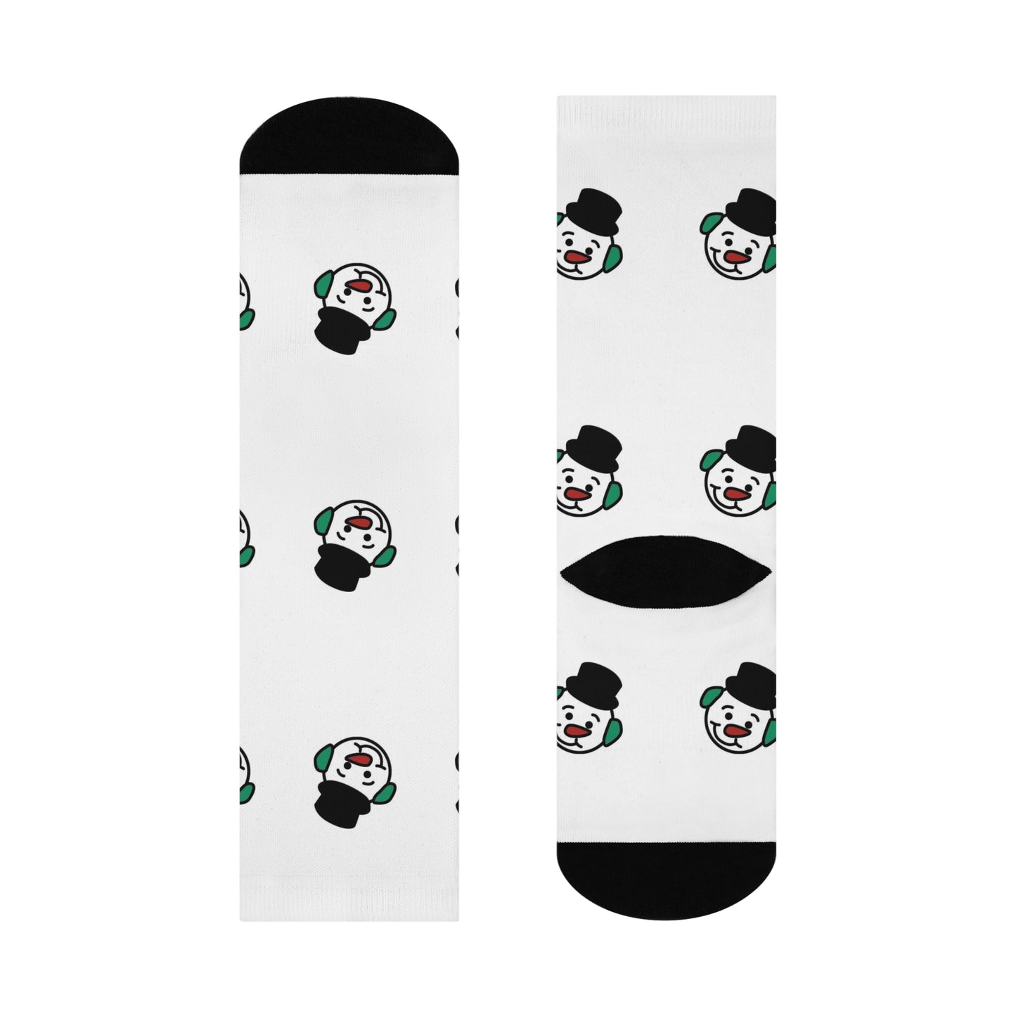 Snowman Hot Chocolate Crew Socks — Cushioned White Novelty Socks with Black Toe & Heel