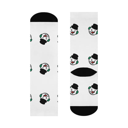 Snowman Hot Chocolate Crew Socks — Cushioned White Novelty Socks with Black Toe & Heel