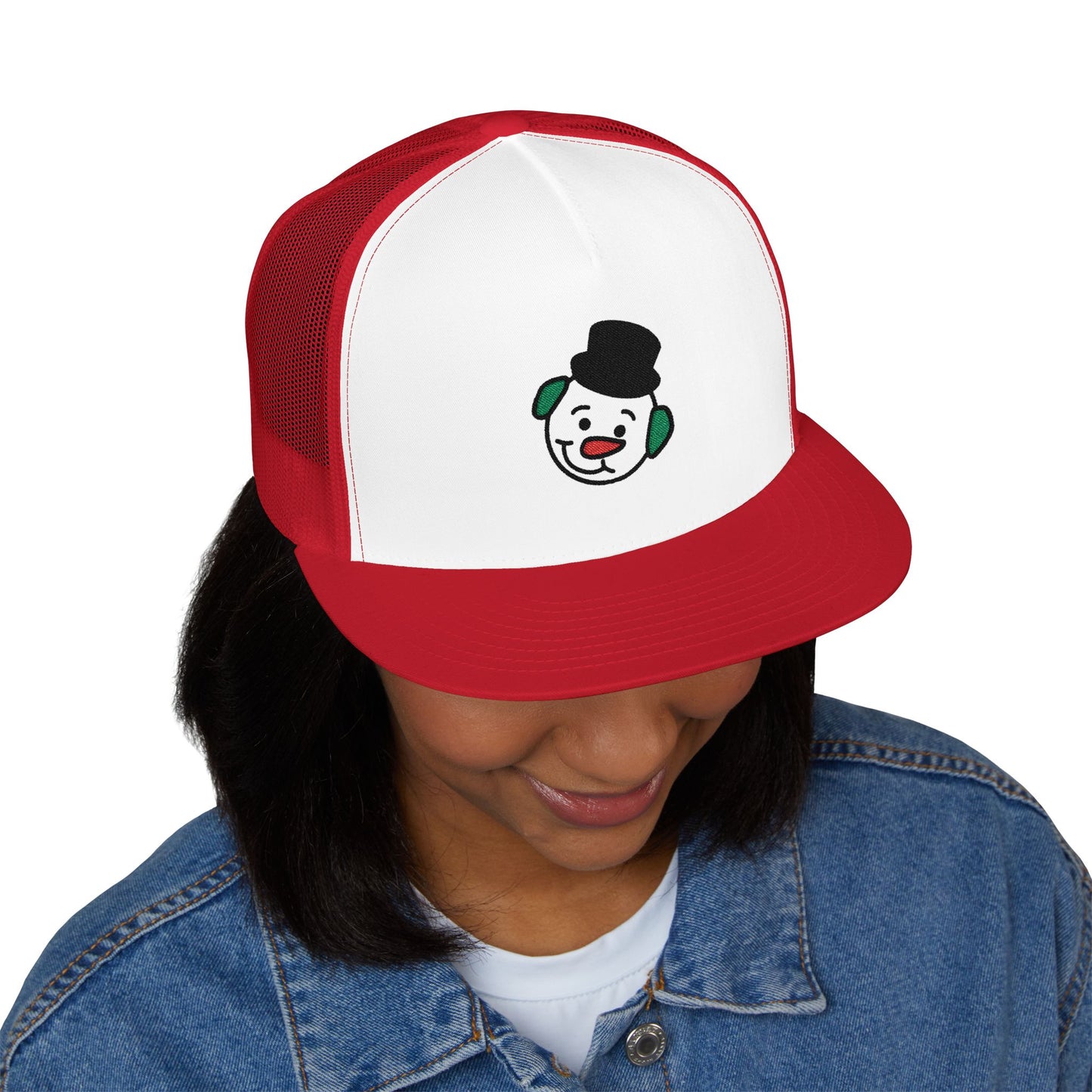Embroidered Snowman Trucker Cap — Festive Winter Hat
