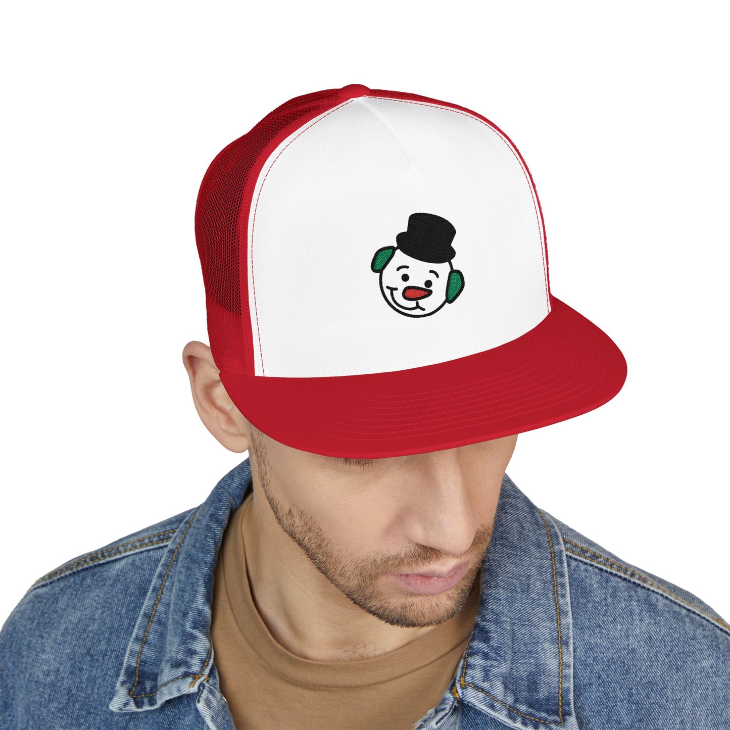 Embroidered Snowman Trucker Cap — Festive Winter Hat