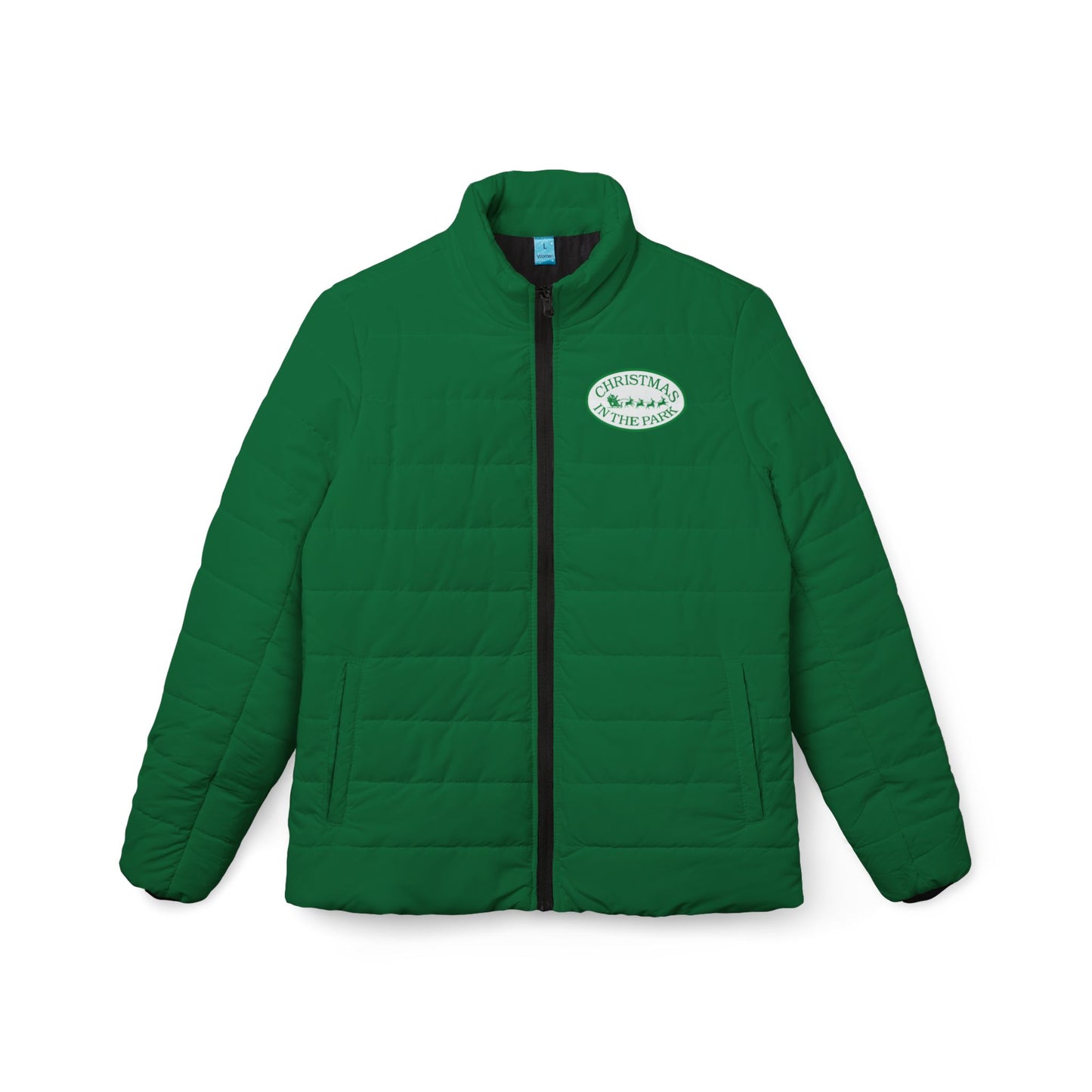 Women’s Red Puffer Jacket — ’Christmas in the Park’ Patch Winter Coat