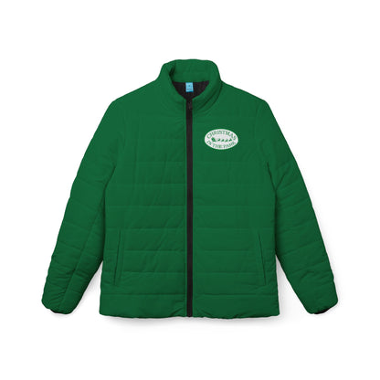 Women’s Red Puffer Jacket — ’Christmas in the Park’ Patch Winter Coat