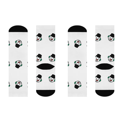 Snowman Hot Chocolate Crew Socks — Cushioned White Novelty Socks with Black Toe & Heel