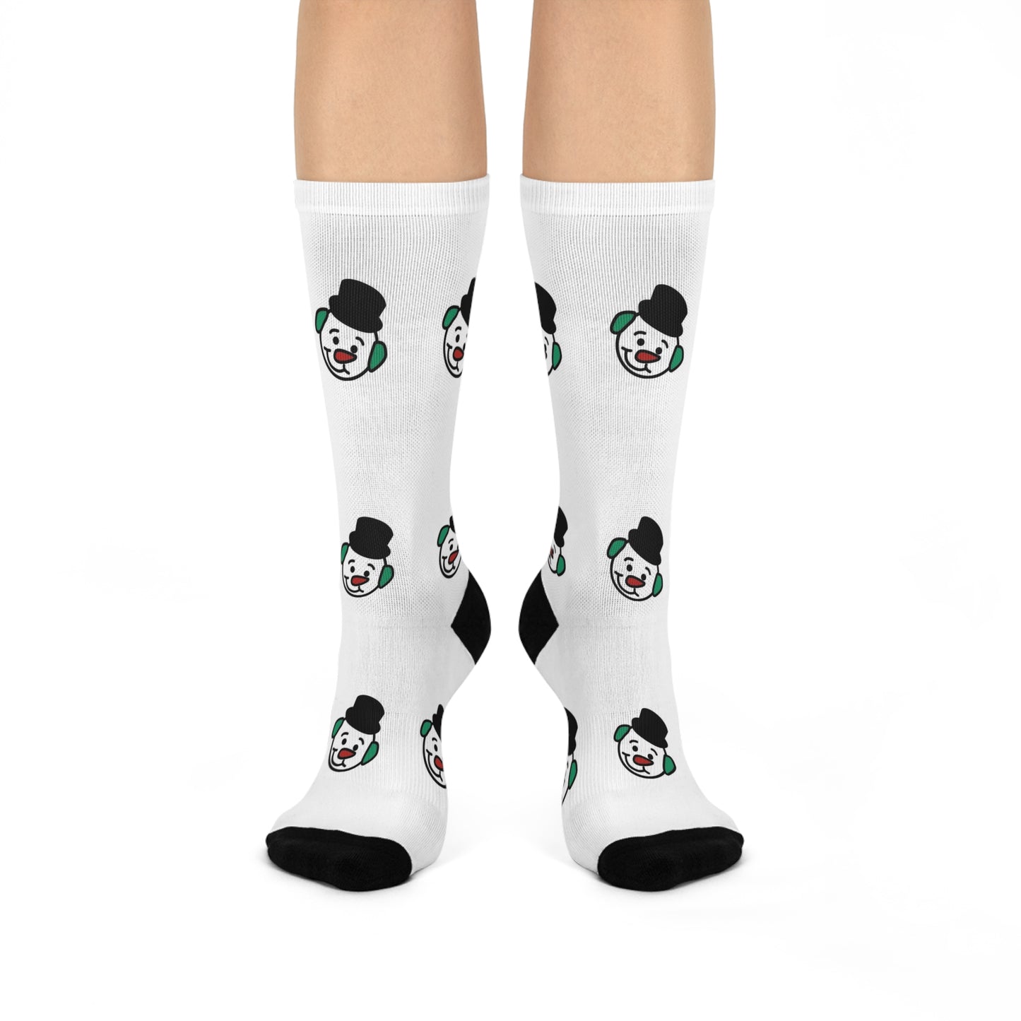 Snowman Hot Chocolate Crew Socks — Cushioned White Novelty Socks with Black Toe & Heel