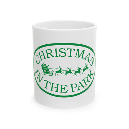 Christmas in the Park Ceramic Mug - Holiday Coffee Cup, Festive Gift, Green Sleigh Design, Winter Decor, Christmas Mug