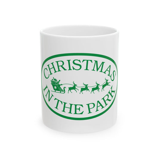 Christmas in the Park Ceramic Mug - Holiday Coffee Cup, Festive Gift, Green Sleigh Design, Winter Decor, Christmas Mug