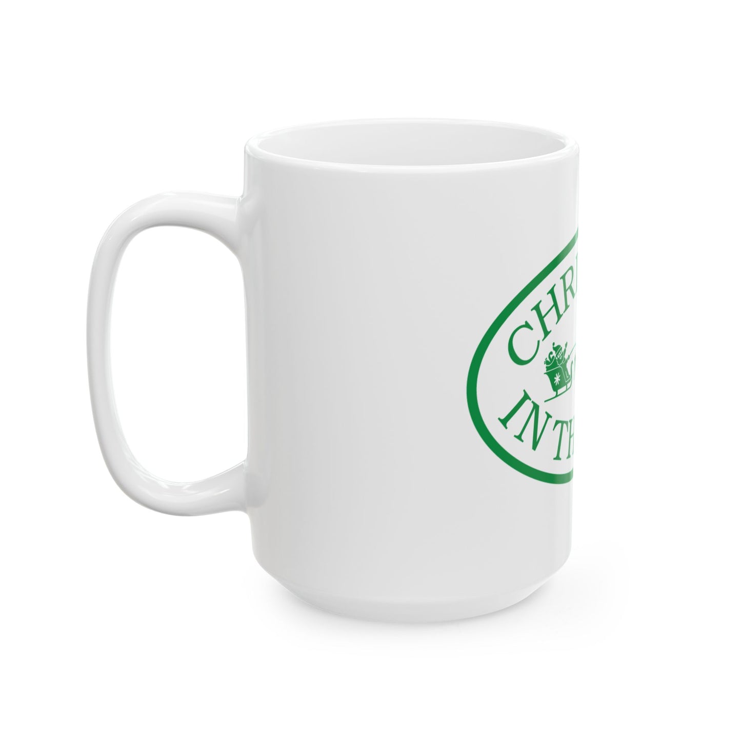 Christmas in the Park Ceramic Mug - Holiday Coffee Cup, Festive Gift, Green Sleigh Design, Winter Decor, Christmas Mug