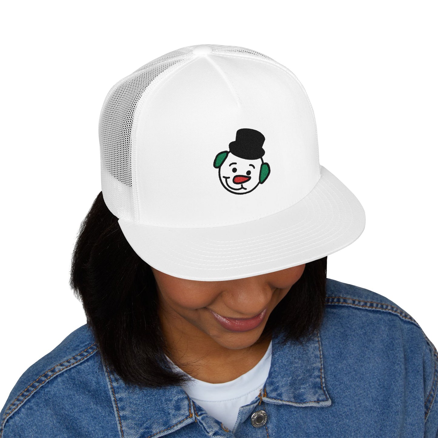Embroidered Snowman Trucker Cap — Festive Winter Hat